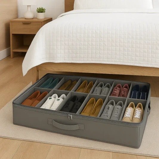 Underbed Shoe Storage Organizer – 12 Pair Compartment Box with Handle